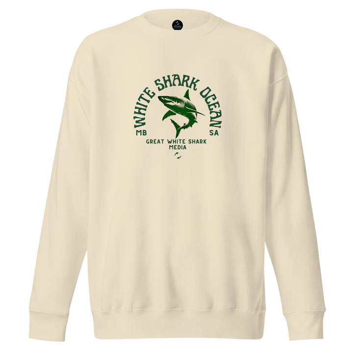 Beige sweatshirt with green shark graphic and text on a white background | white shark ocean media