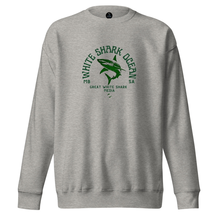 Grey sweatshirt with green shark graphic and text on a white background | white shark ocean media