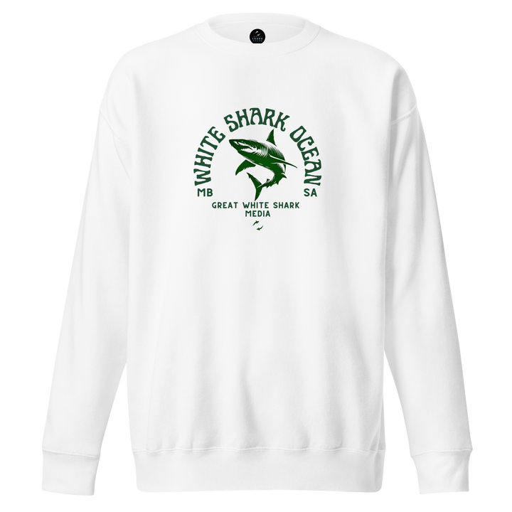 White sweatshirt with green shark graphic and text on a white background white shark ocean media