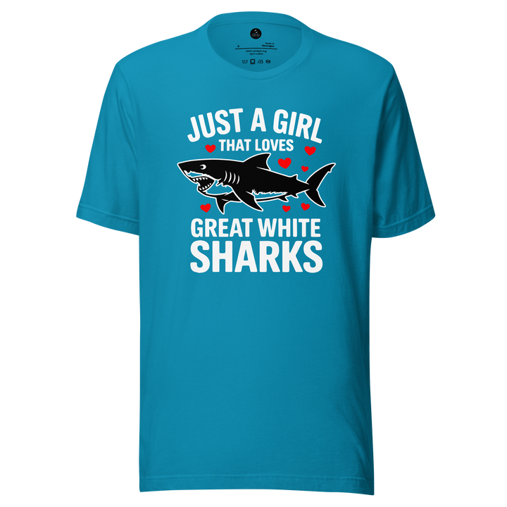 Blue t-shirt with a graphic of a shark and just a girl that loves great white sharks text on a white background