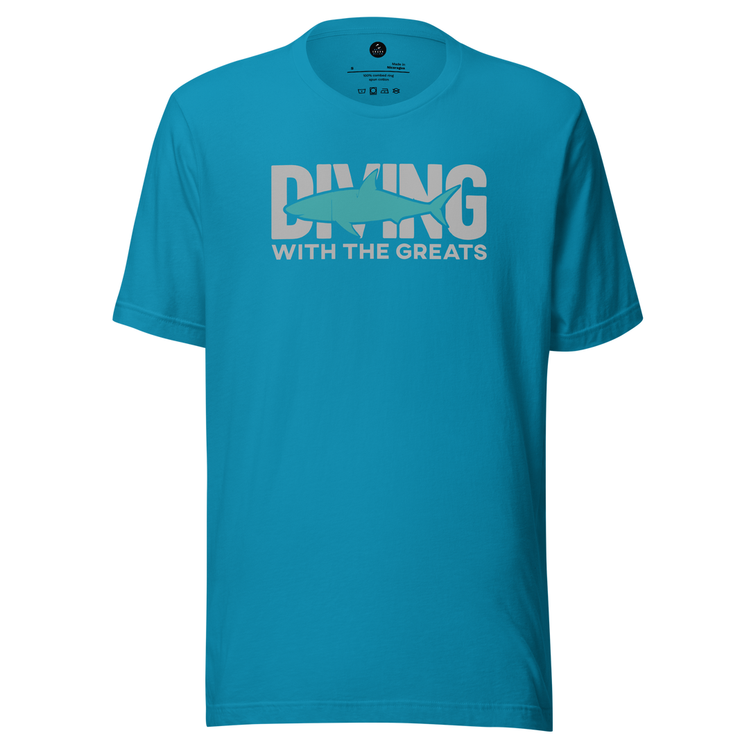 Blue t-shirt with 'Diving with the Greats' text and fish graphic on a white background