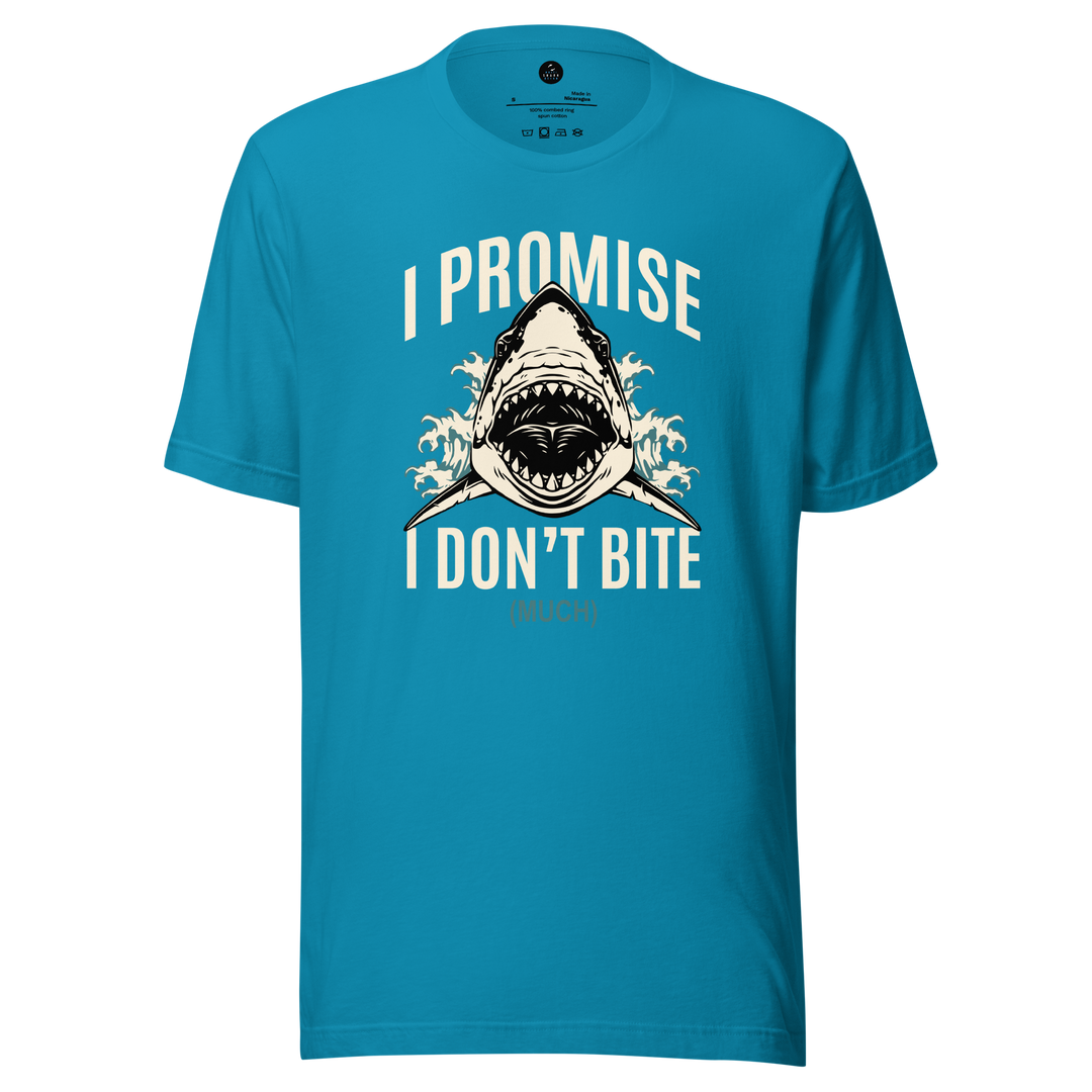 Blue t-shirt with a shark graphic and i promise i don't bite much text on a white background