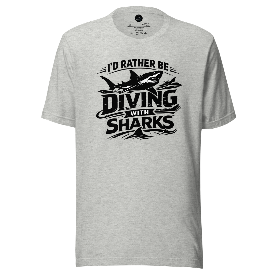 Gray t-shirt with 'I'd Rather Be Diving With Sharks' graphic design on a white background
