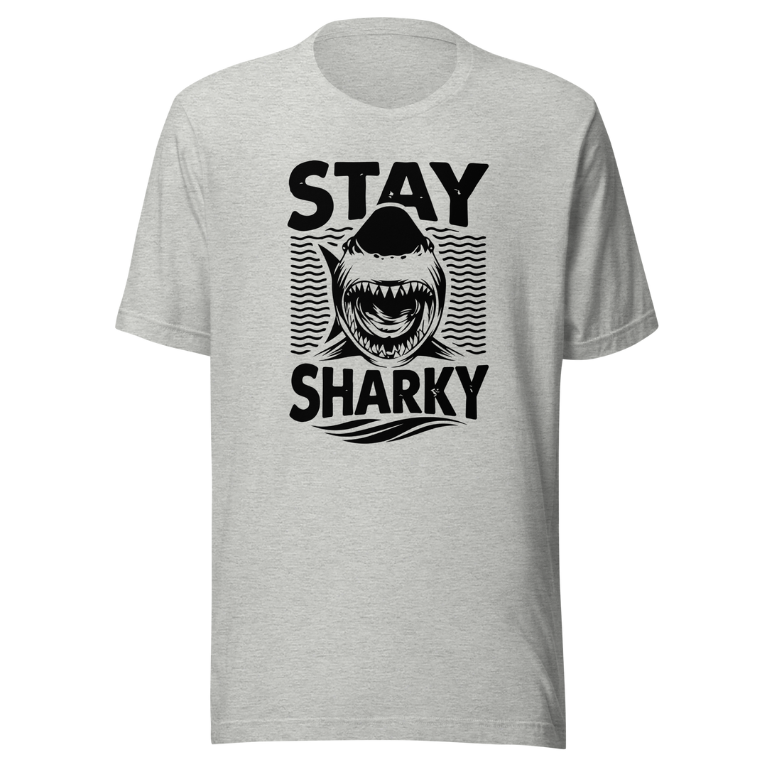heather grey t-shirt with black shark graphic and text 'Stay Sharky' on a white background