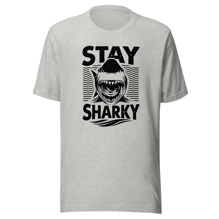 heather grey t-shirt with black shark graphic and text 'Stay Sharky' on a white background