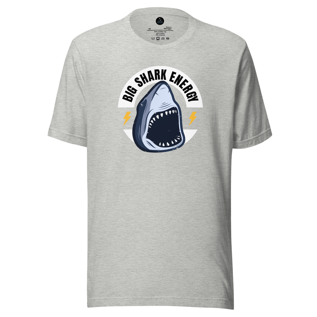 Gray t-shirt with a shark graphic and 'Big Shark Energy' text on a white background
