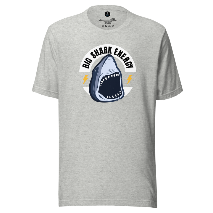 Gray t-shirt with a shark graphic and 'Big Shark Energy' text on a white background