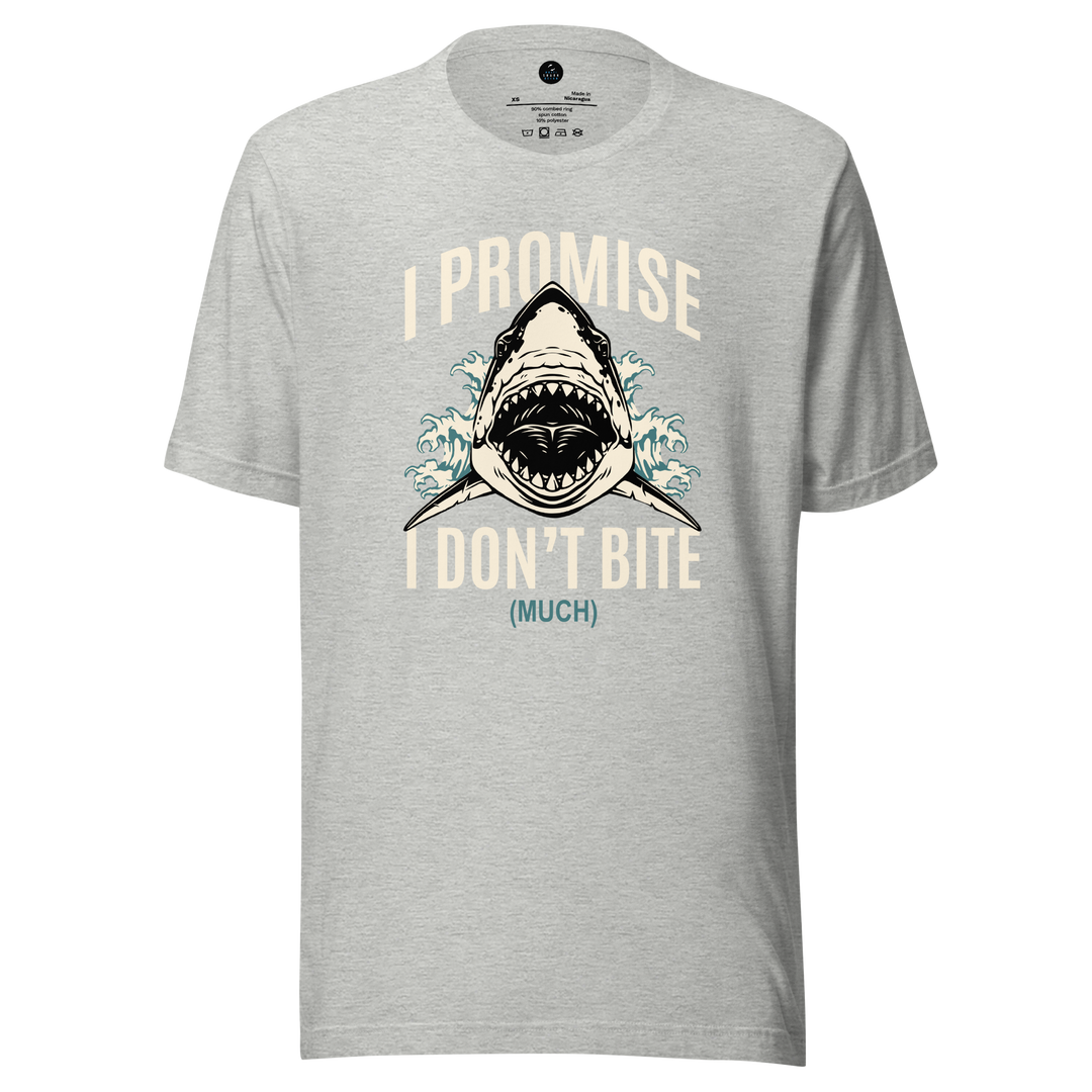 Gray t-shirt with a shark graphic and i promise i don't bite much text on a white background
