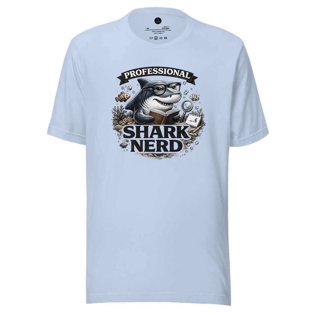 Light blue t-shirt with a graphic of a shark wearing glasses and text 'Professional Shark Nerd' on a white background.