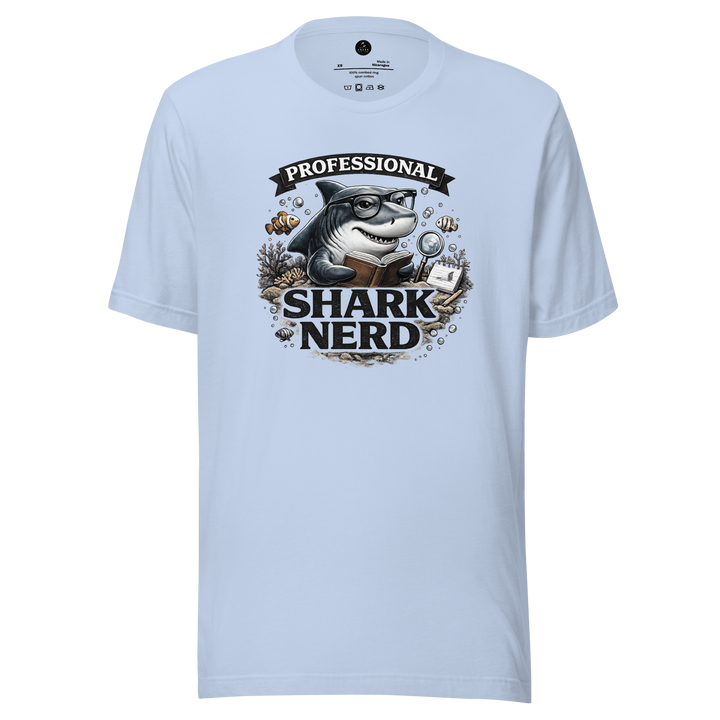 Light blue t-shirt with a graphic of a shark wearing glasses and text 'Professional Shark Nerd' on a white background.