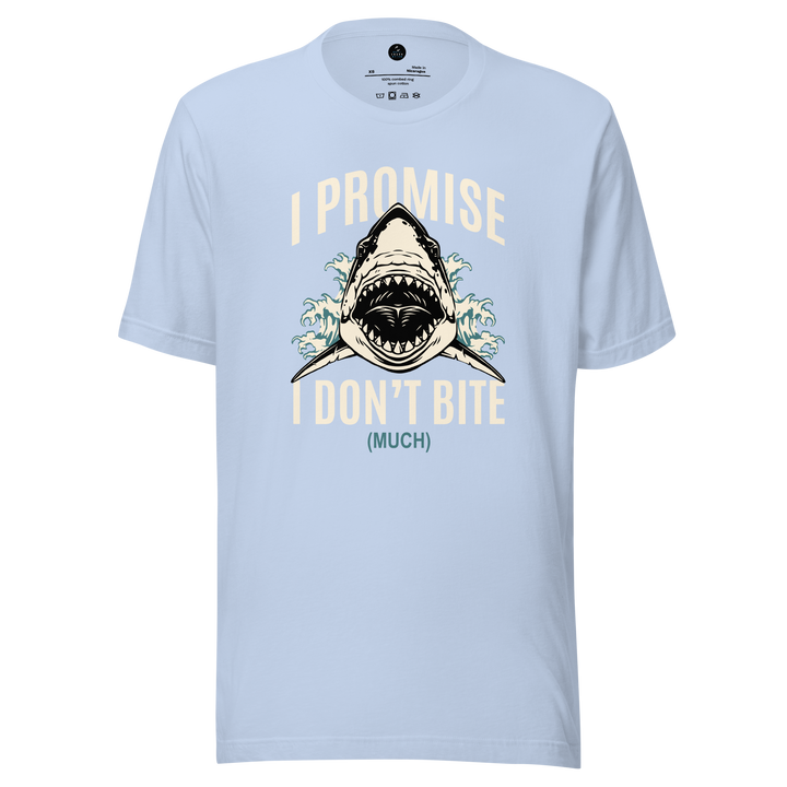 blue t-shirt with graphic design and i promise i don't bite much text on a white background