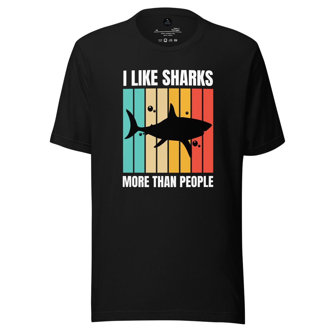 Black t-shirt with shark graphic and text on a white background