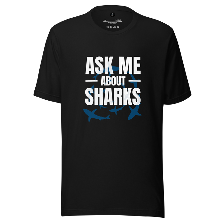Black t-shirt with 'Ask Me About Sharks' text and shark illustrations on a white background