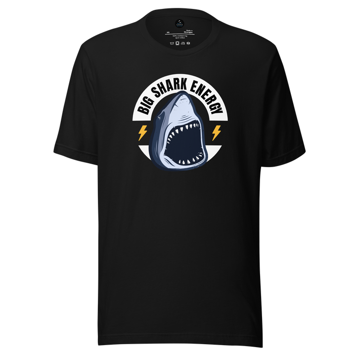 Black t-shirt with a shark graphic and 'Big Shark Energy' text on a white background