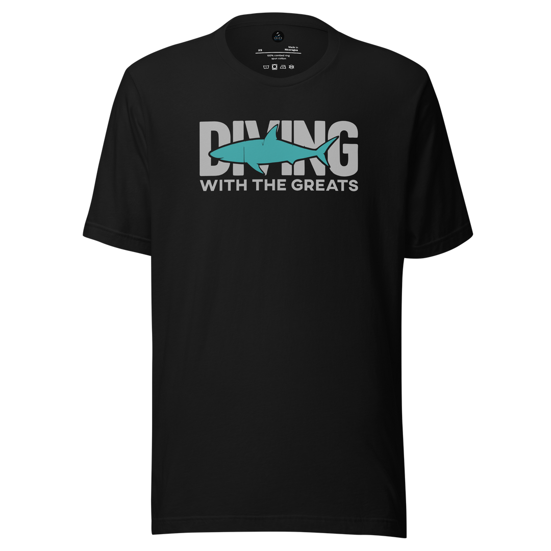 Black t-shirt with 'Diving with the Greats' text and shark graphic on a white background