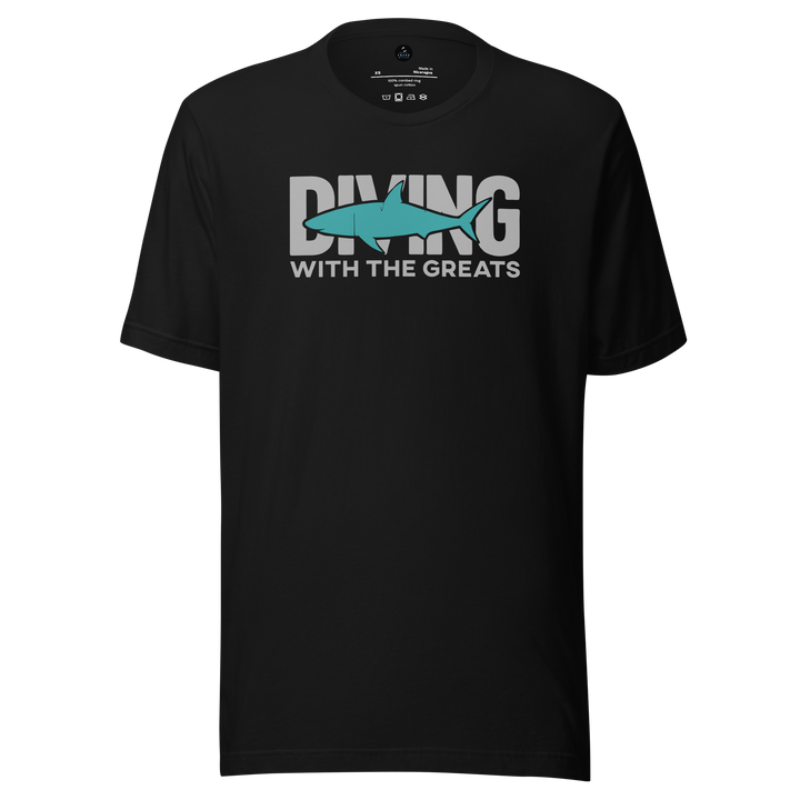 Black t-shirt with 'Diving with the Greats' text and shark graphic on a white background