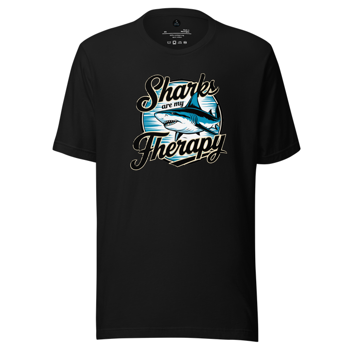 Black t-shirt with 'Sharks are my Therapy' graphic design on a white background