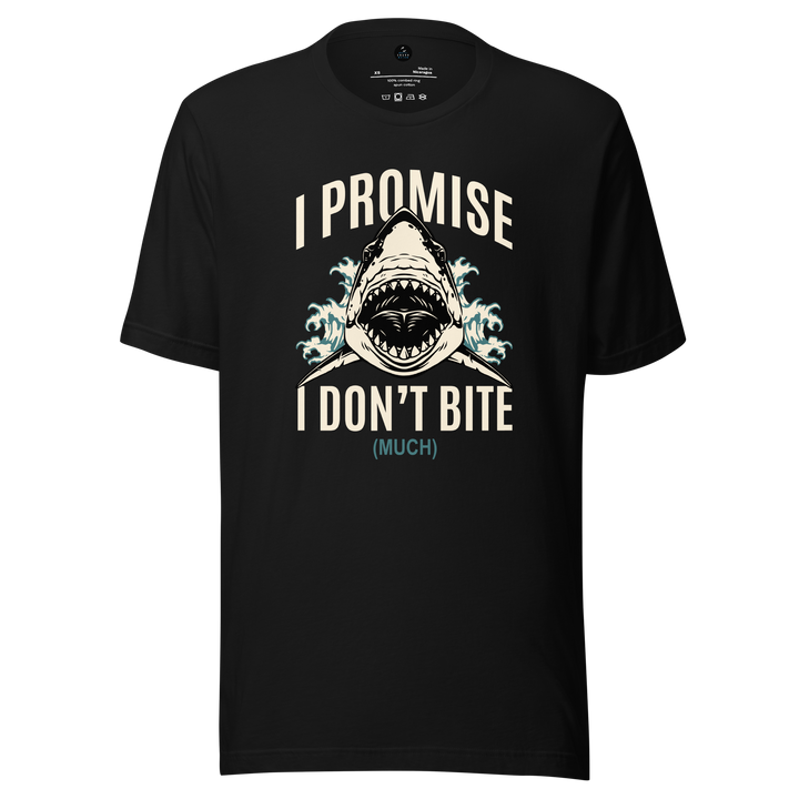 Black t-shirt with a shark graphic and i promise i don't bite much text on a white background