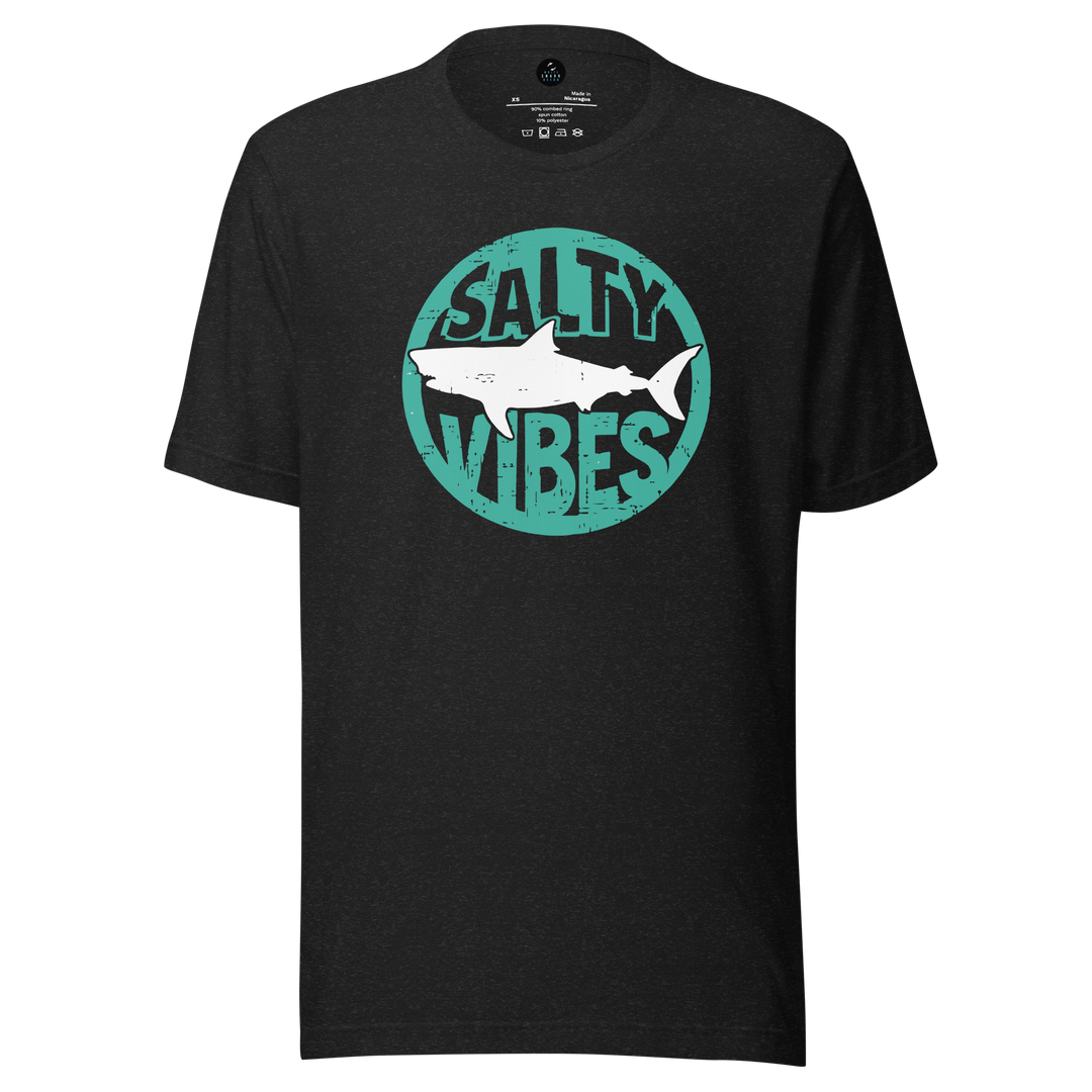 Black t-shirt with 'Salty Vibes' shark graphic design featuring a shark on a white background
