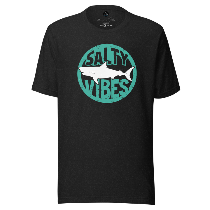 Black t-shirt with 'Salty Vibes' shark graphic design featuring a shark on a white background