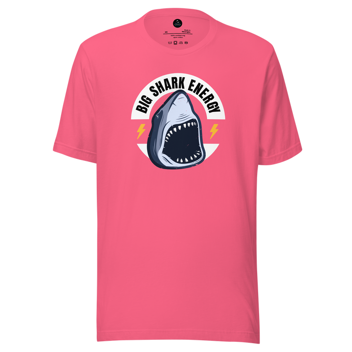 Pink t-shirt with a shark graphic and 'Big Shark Energy' text on a white background