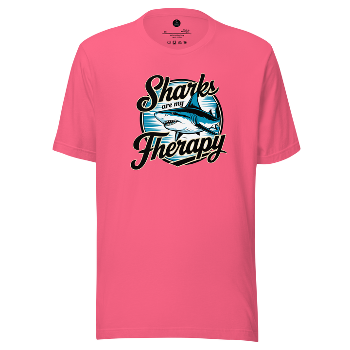 Pink t-shirt with 'Sharks are my Therapy' graphic design on a white background