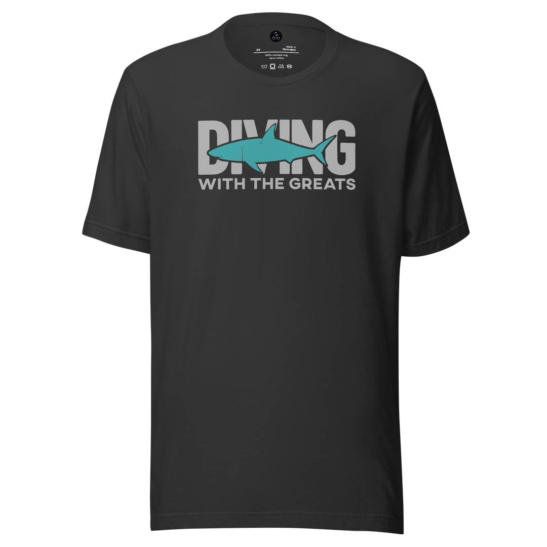 Black t-shirt with 'Diving with the Greats' text and shark graphic on a white background