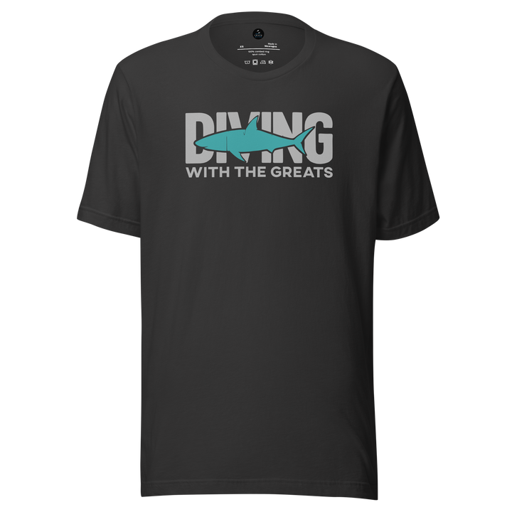 Black t-shirt with 'Diving with the Greats' text and shark graphic on a white background