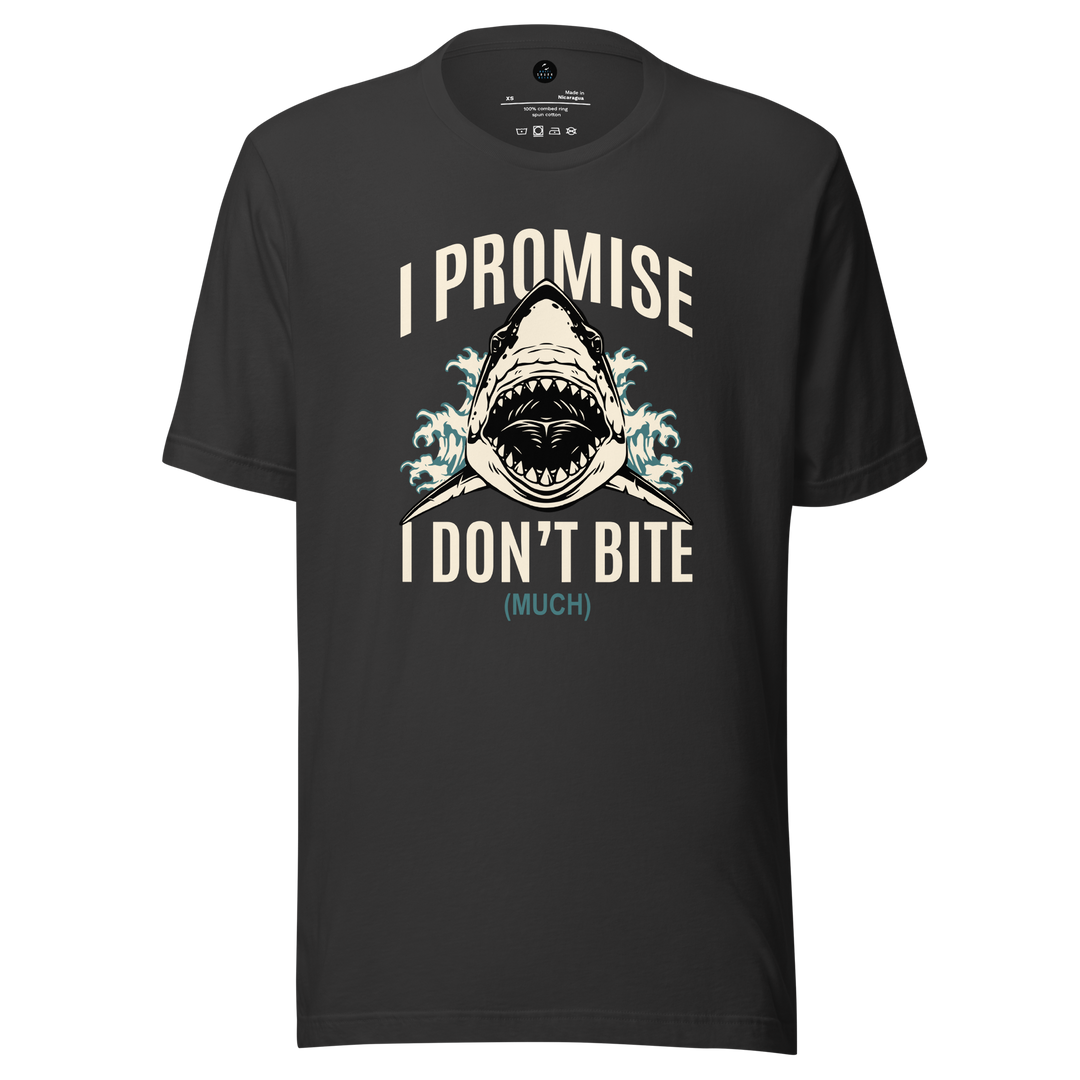 Black t-shirt with a shark graphic and i promise i don't bite much text on a white background