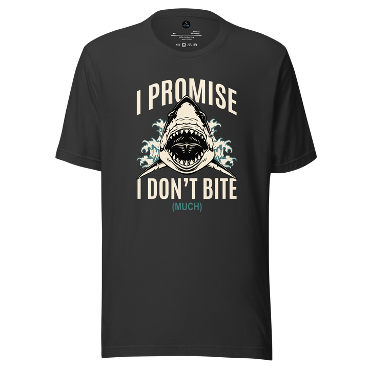 Black t-shirt with a shark graphic and i promise i don't bite much text on a white background