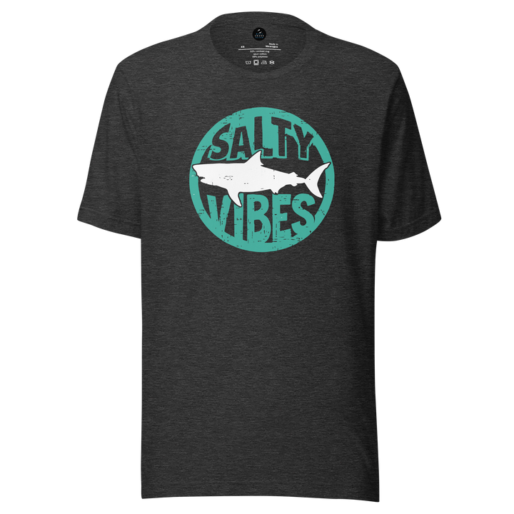 Black t-shirt with 'Salty Vibes' graphic design featuring a shark on a white background