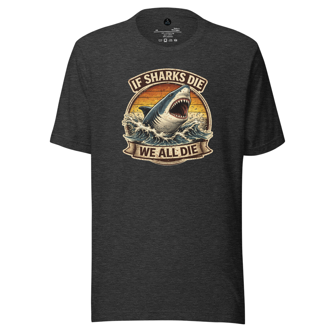 Black t-shirt with a shark graphic and "if sharks die we all die" text on a white background