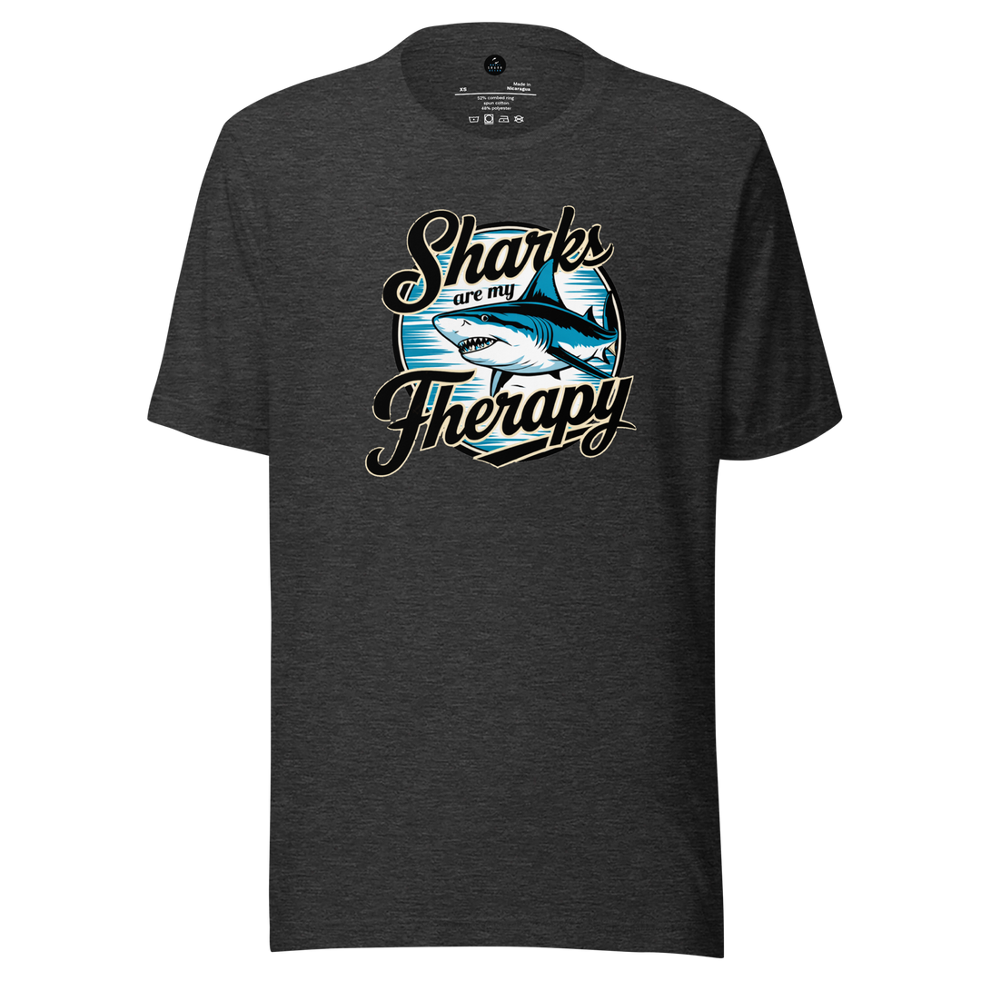 Dark gray t-shirt with 'Sharks are my Therapy' graphic design on a white background