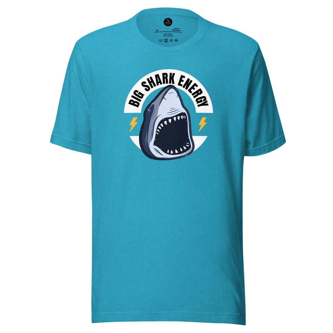 Blue t-shirt with a shark graphic and 'Big Shark Energy' text on a white background