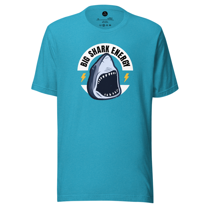 Blue t-shirt with a shark graphic and 'Big Shark Energy' text on a white background