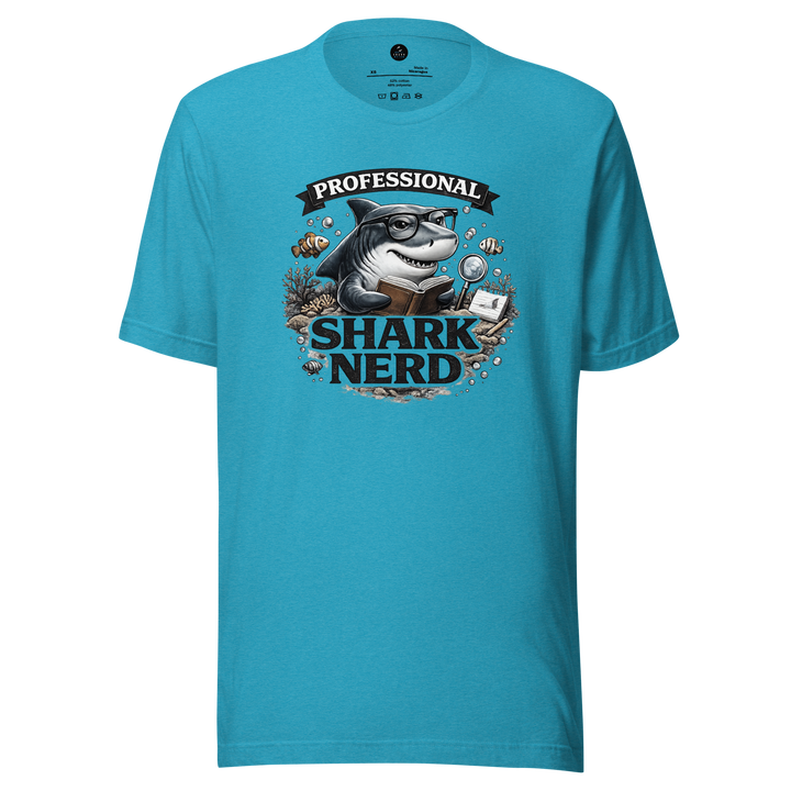 Blue t-shirt with a shark graphic and professional shark nerd text on a white background
