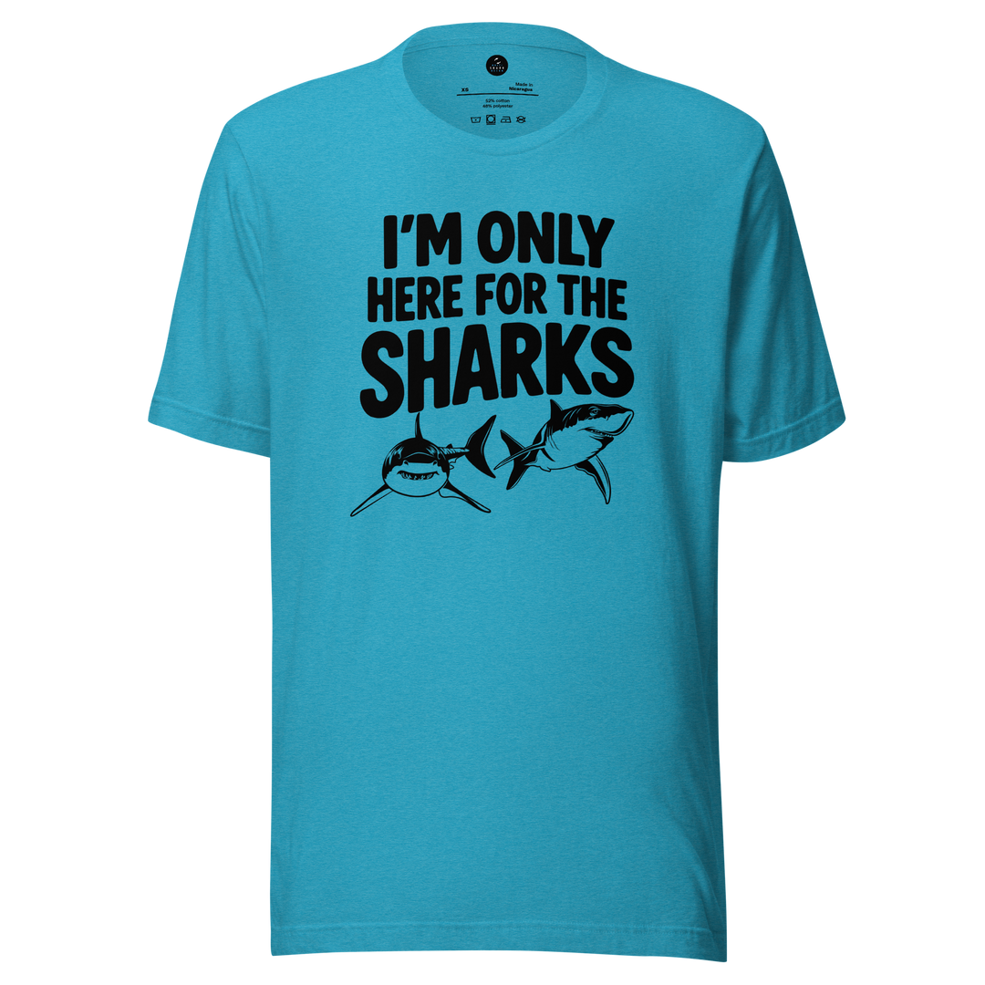 Blue t-shirt with black text and shark graphics on a white background