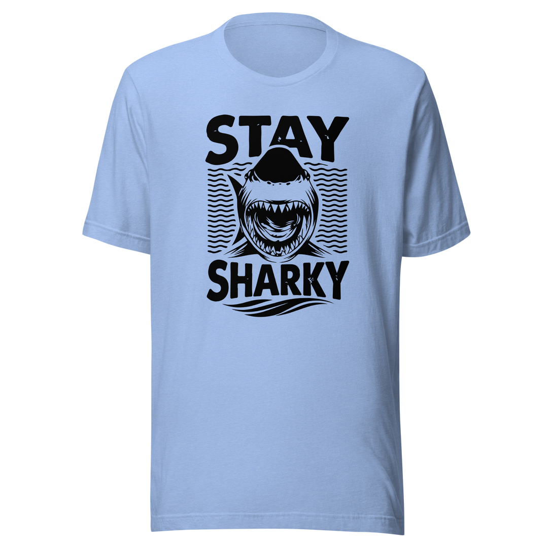 Light blue t-shirt with black shark graphic and text 'Stay Sharky' on a white background