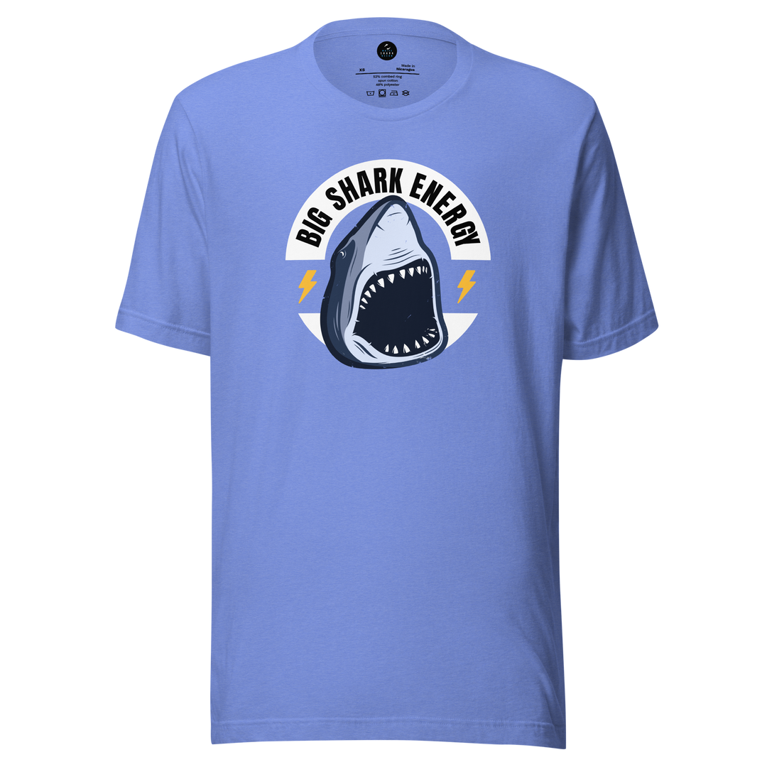 Blue t-shirt with a shark graphic and 'Big Shark Energy' text on a white background