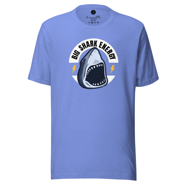 Blue t-shirt with a shark graphic and 'Big Shark Energy' text on a white background