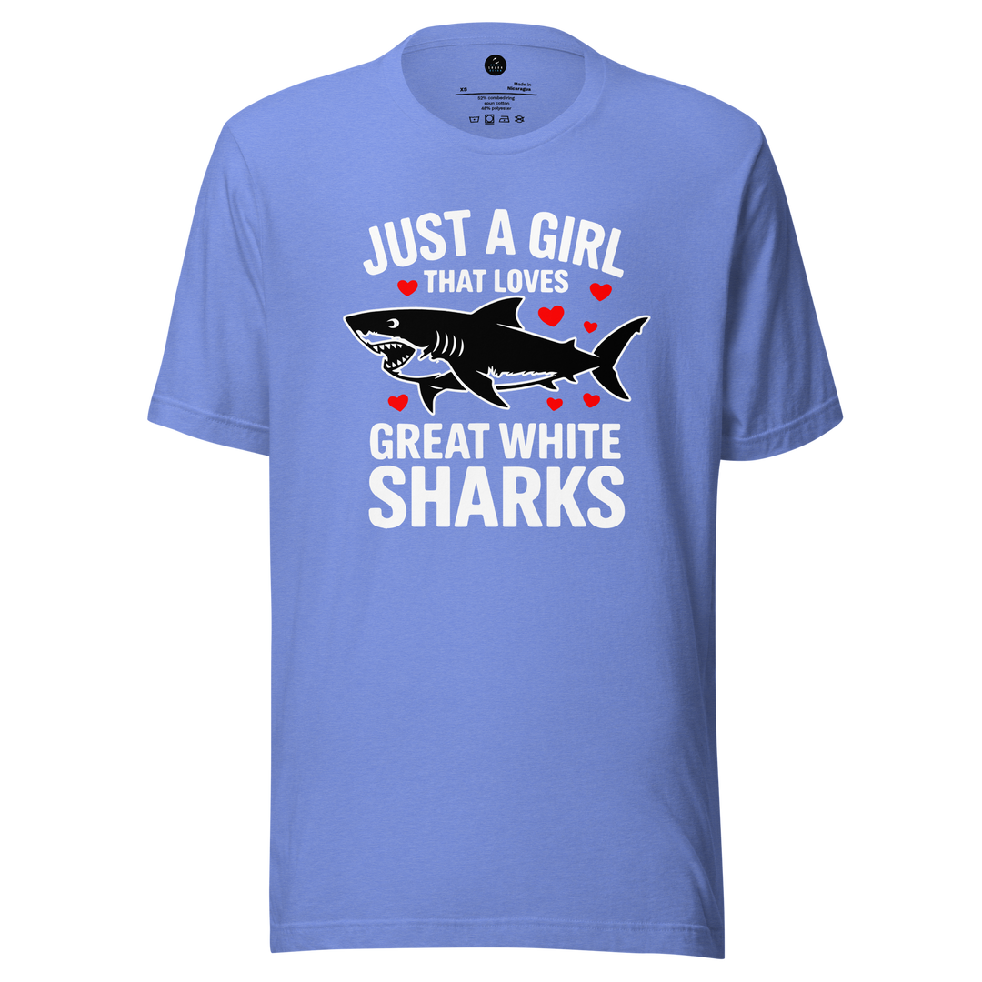 Blue t-shirt with a graphic of a shark and text on a white background
