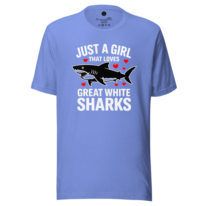 Blue t-shirt with a graphic of a shark and text on a white background