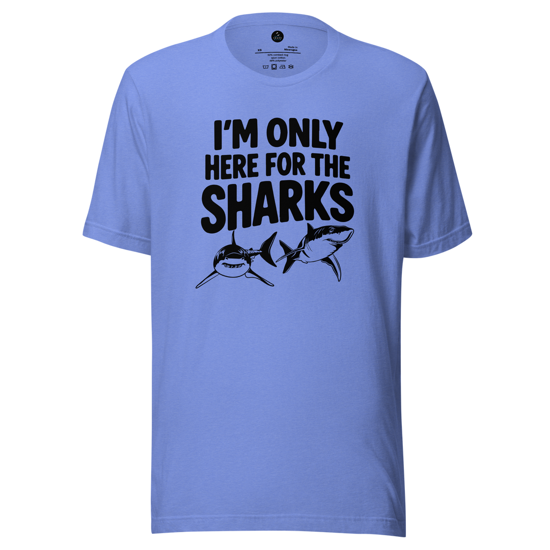 Light blue t-shirt with black text and shark graphics on a white background