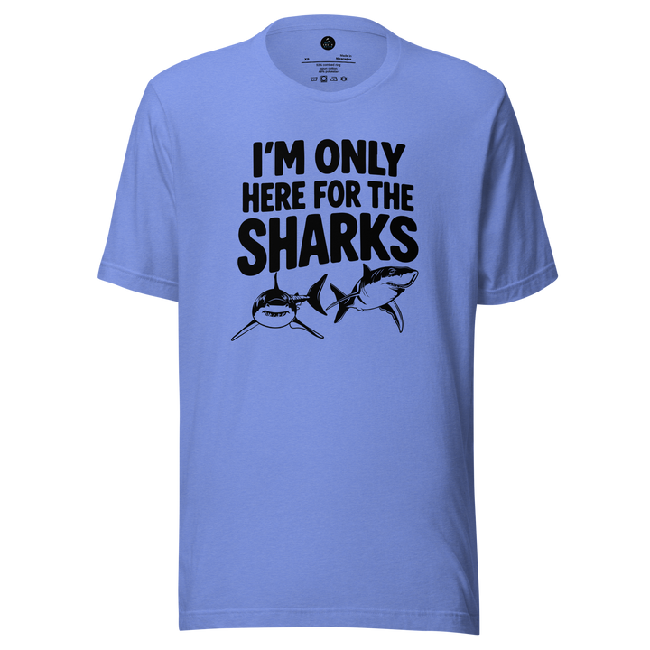 Light blue t-shirt with black text and shark graphics on a white background