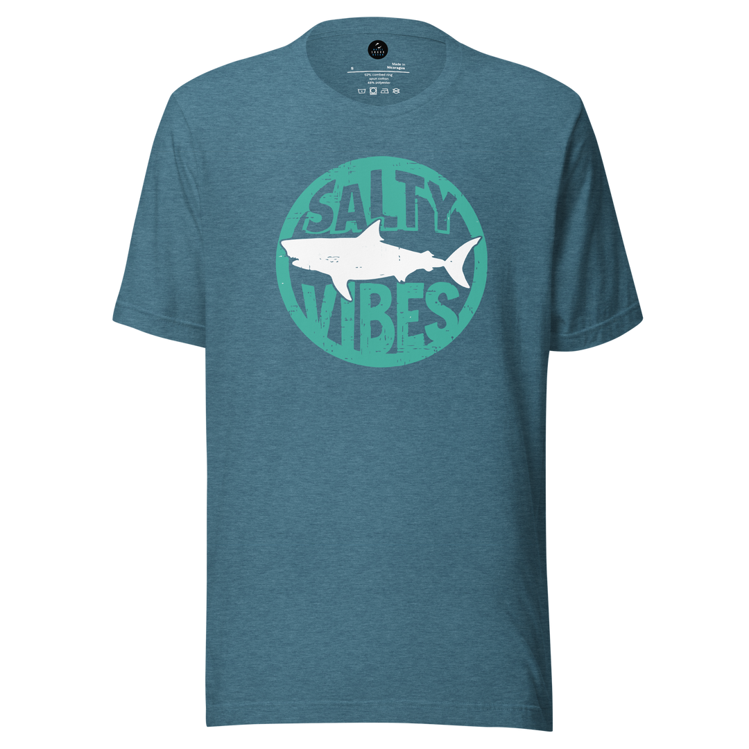 Blue t-shirt with a shark graphic and 'Salty Vibes' text on a white background