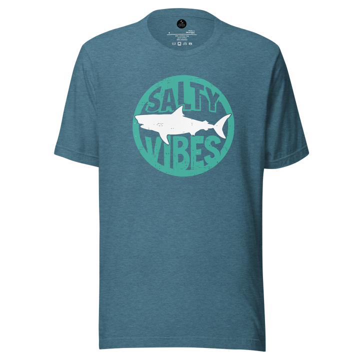 Blue t-shirt with a shark graphic and 'Salty Vibes' text on a white background