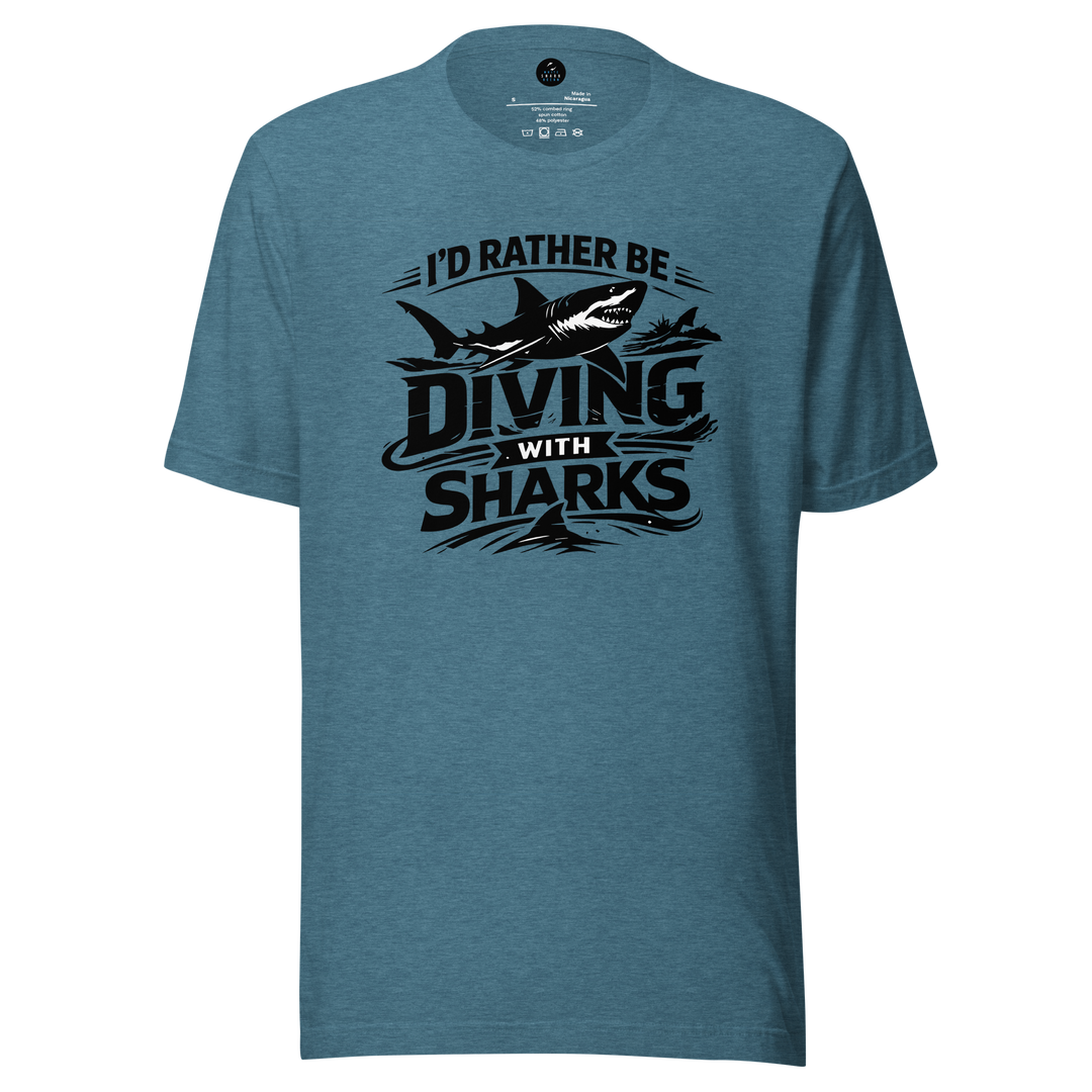Blue t-shirt with 'I'd Rather Be Diving With Sharks' text and shark graphic on a white background