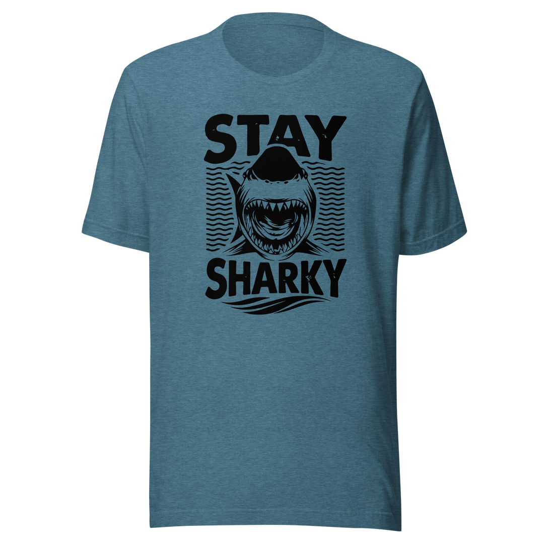 Blue t-shirt with a shark graphic and text 'Stay Sharky' on a white background