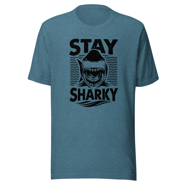 Blue t-shirt with a shark graphic and text 'Stay Sharky' on a white background