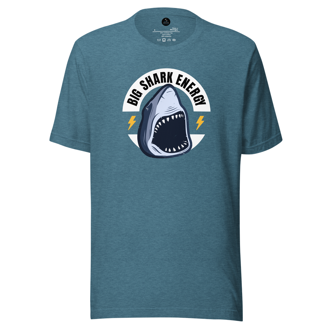 Blue t-shirt with a shark graphic and 'Big Shark Energy' text on a white background